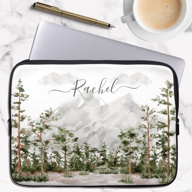 Monogram vattenfärg berg och skog laptop fodral (In situ)