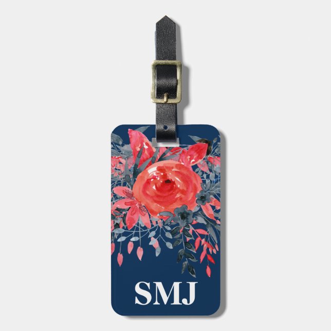 Monogram Vattenfärg Blå Blommig Denim / Röd Ros Bagagebricka (Vertikal Framsida)