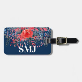 Monogram Vattenfärg Blå Blomstermönster och Röd Ro Bagagebricka