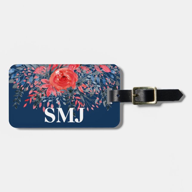 Monogram Vattenfärg Blå Blomstermönster och Röd Ro Bagagebricka (Horisontell Framsida)