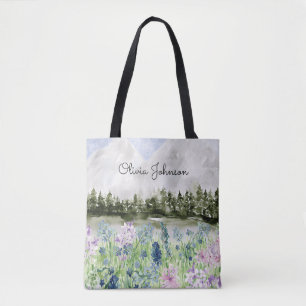 Monogram vattenfärg blå lila blomma äng tygkasse