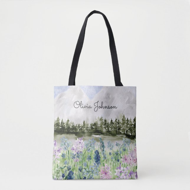 Monogram vattenfärg blå lila blomma äng tygkasse (Framsida)