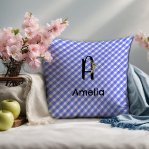 Monogram vattenfärg blomma gingham blå mönster kudde