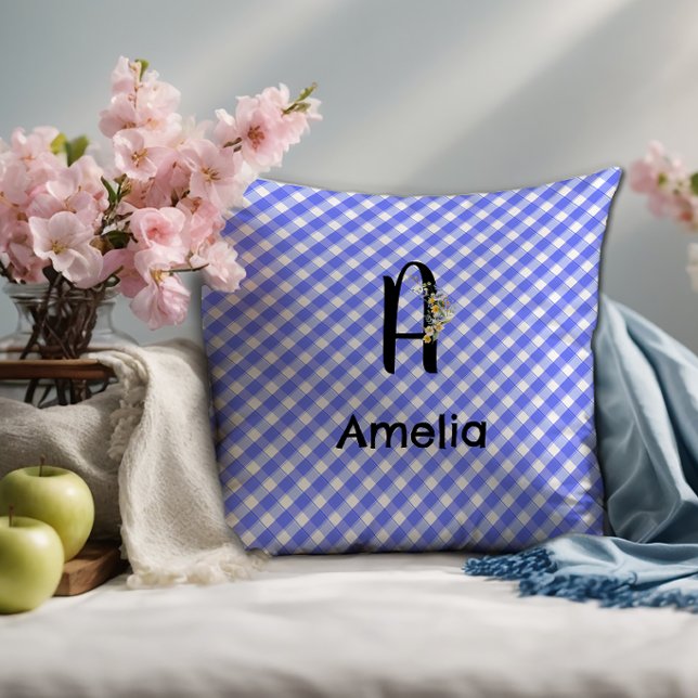 Monogram vattenfärg blomma gingham blå mönster kudde (Skapare uppladdad)