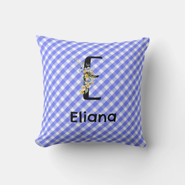 Monogram vattenfärg blommig gingham blå minimalist kudde (Framsida)