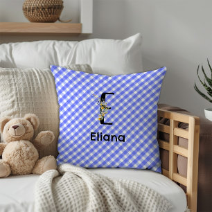 Monogram vattenfärg blommig gingham blå minimalist kudde