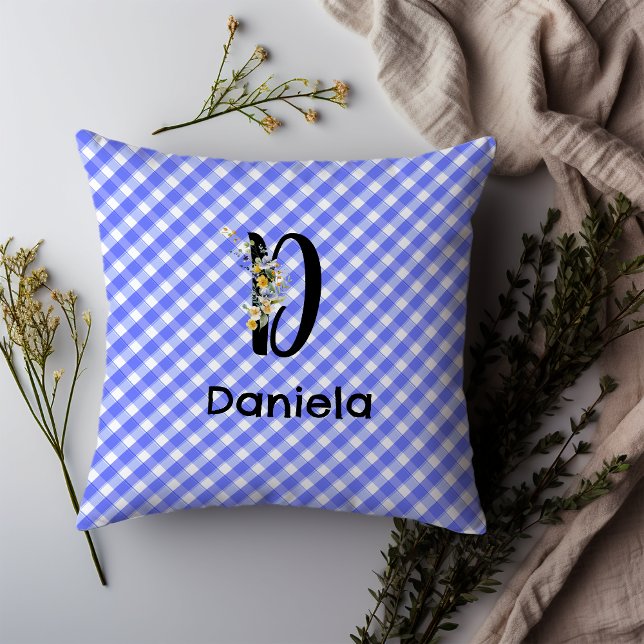 Monogram vattenfärg blommig gingham blå minimalist kudde (Skapare uppladdad)