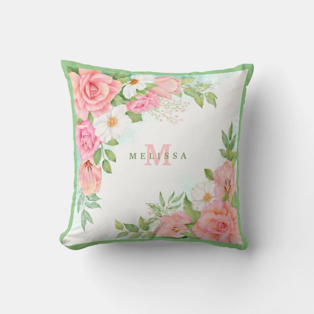 Monogram Vattenfärg Blommig Grönska Rosa Ros Kudde (Framsida)