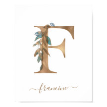 Monogram Vattenfärg Blommig Guld Bokstav F Affisch