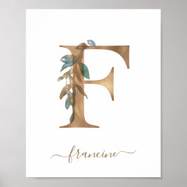 Monogram Vattenfärg Blommig Guld Bokstav F Affisch