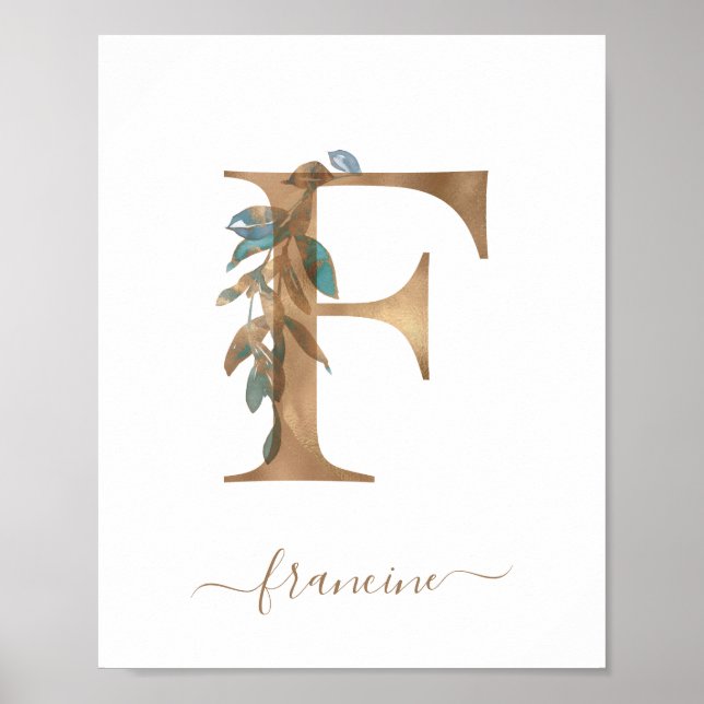 Monogram Vattenfärg Blommig Guld Bokstav F Affisch (Framsidan)