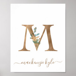 Monogram Vattenfärg Blommig Guld Bokstav M Poster