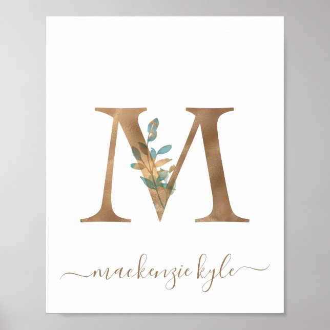 Monogram Vattenfärg Blommig Guld Bokstav M Poster (Framsidan)