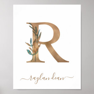 Monogram Vattenfärg Blommig Guld Bokstav R Poster