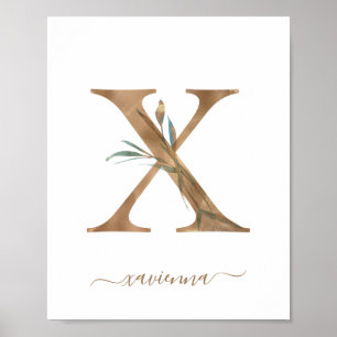 Monogram Vattenfärg Blommig Guld Bokstav X Affisch