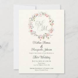 Monogram Vattenfärg Blommig Krans Bröllop Inbjudningar