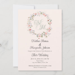 Monogram Vattenfärg Blommig Krans Bröllop Inbjudningar