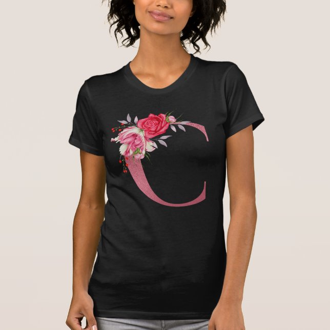 Monogram Vattenfärg Blommor Rose Guld Alfabet C  T Shirt (Framsida)
