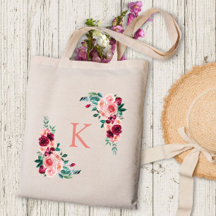 Monogram Vattenfärg Boho Rosa Burgunder Ros Blomma Tygkasse