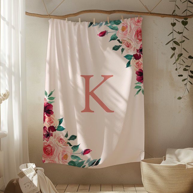 Monogram Vattenfärg Boho Rosa Burgunder Rosa Blomm Fleecefilt (In situ)