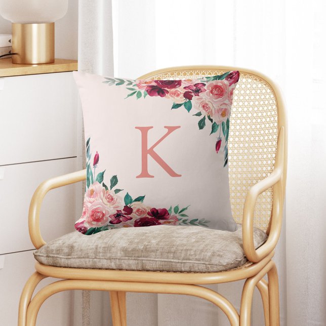 Monogram Vattenfärg Boho Rosa Burgunder Rosa Blomm Kudde (In situ)