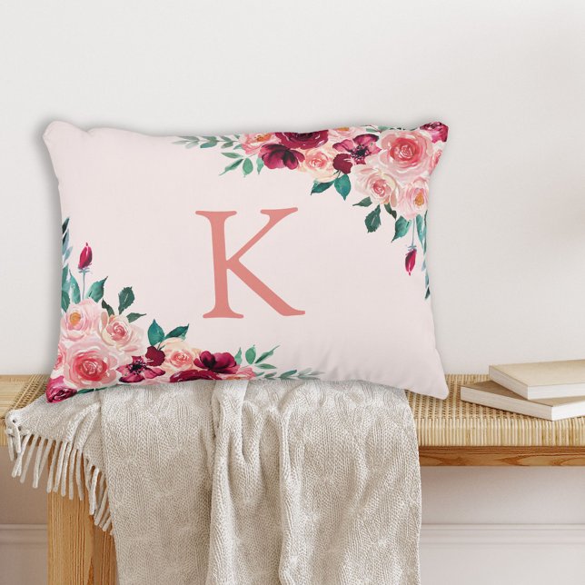 Monogram Vattenfärg Boho Rosa Burgunder Rosa Blomm Prydnadskudde (In situ)