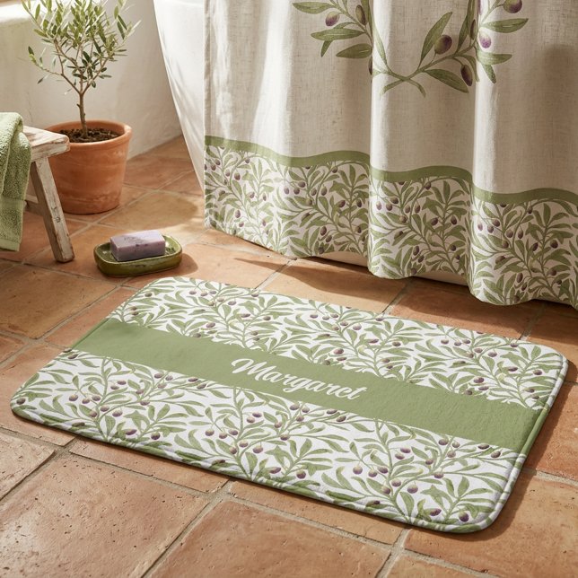Monogram Vattenfärg Botanisk Sälggrön Oliv  Badrumsmatta (Monogram Watercolor Botanical Sage Green Olive Bath Mat)