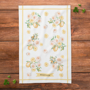 Monogram vattenfärg citroner och blommor kökshandduk