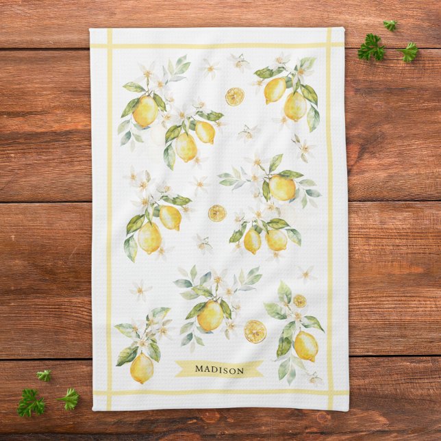 Monogram Vattenfärg Citrus Citron Blommig Botanisk Kökshandduk (Skapare uppladdad)