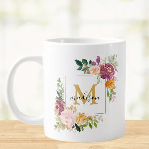 Monogram Vattenfärg Färgglada Rosor Blomma Blommig Jumbo Mugg