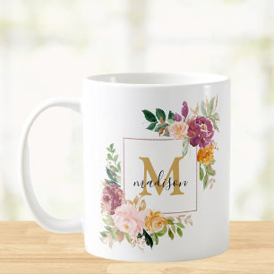 Monogram Vattenfärg Färgglada Rosor Blomma Blommig Kaffemugg