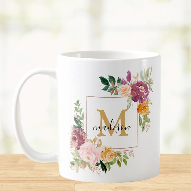 Monogram Vattenfärg Färgglada Rosor Blomma Blommig Kaffemugg (In situ)
