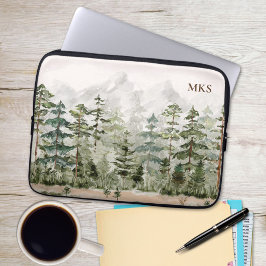 Monogram Vattenfärg Grön Tallskog på Berg Laptop Fodral
