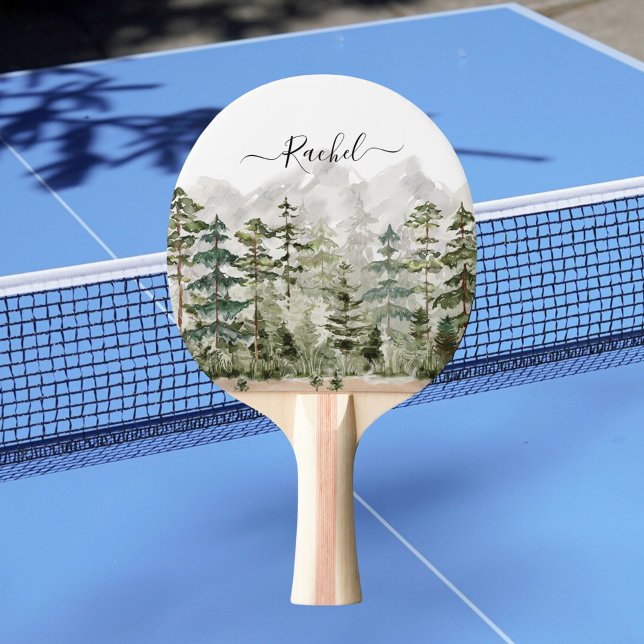 Monogram Vattenfärg Grön Tallskog på Berg Pingisracket (In situ)