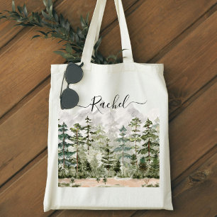 Monogram Vattenfärg Grön Tallskog på Berg Tygkasse