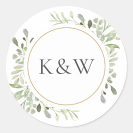 Monogram Vattenfärg Grönska Bröllopspresent Runt Klistermärke
