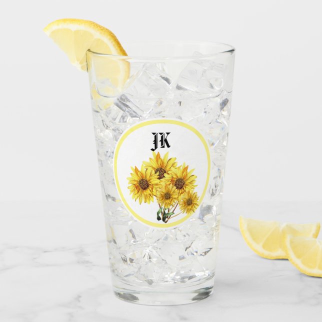 Monogram Vattenfärg Gul Solros Tumbler Glas (Framsida Ice)