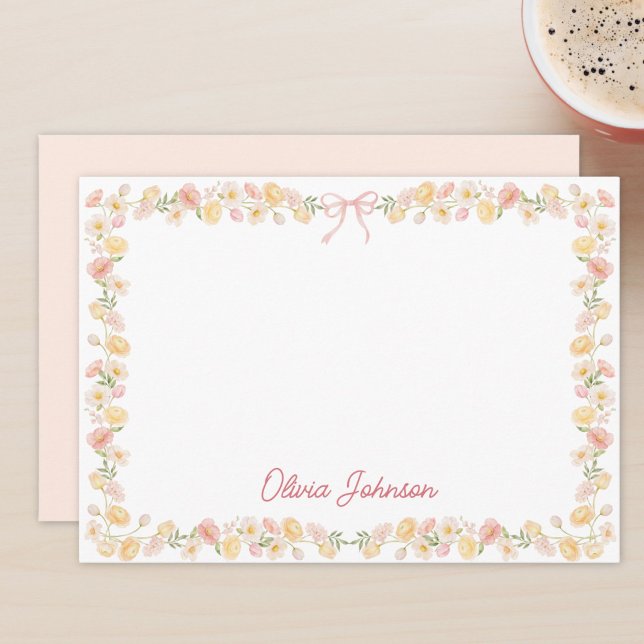 Monogram vattenfärg gula rosa blommor blommig anteckningskort (Skapare uppladdad)