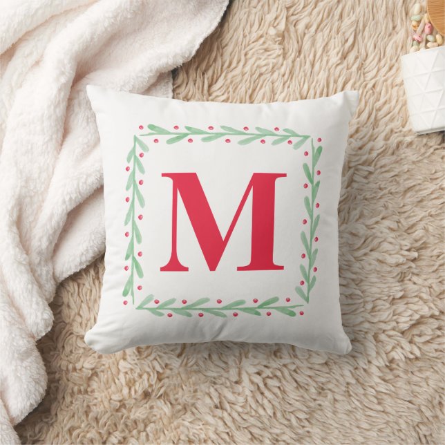 Monogram vattenfärg krans julkudde kudde (Filt)