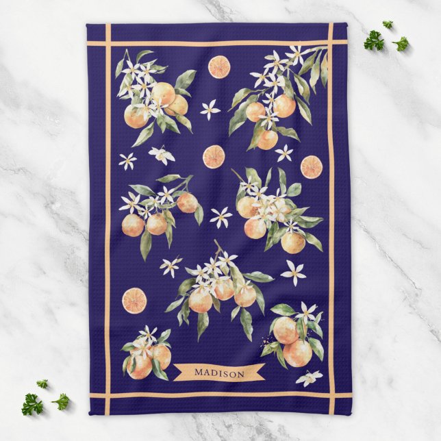 Monogram Vattenfärg Orange Blommig Botanisk Kökshandduk (Skapare uppladdad)