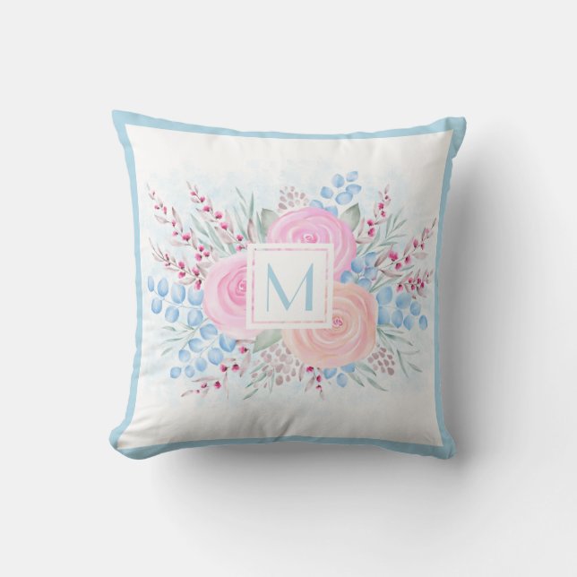 Monogram vattenfärg Pastel Rosa ros Blue Löv Kudde (Framsida)