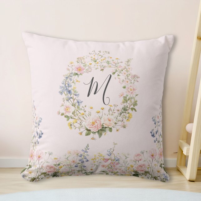 Monogram Vattenfärg Rosa Blå Blommor Blommig  Kudde (In situ)