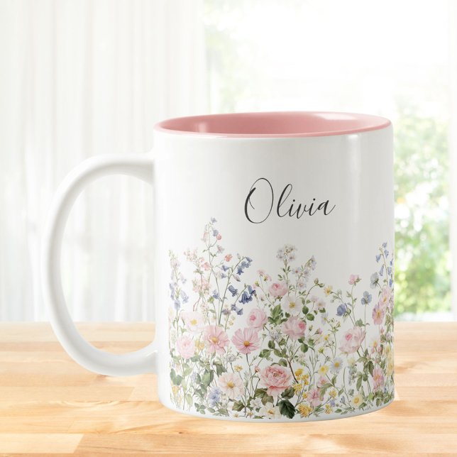 Monogram Vattenfärg Rosa Blå Blommor Blommig  Två-Tonad Mugg (In situ)