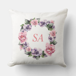 Monogram Vattenfärg Rosa Lila Krans Blomma Kudde