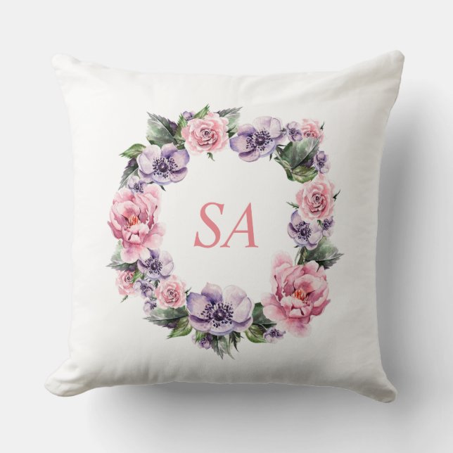 Monogram Vattenfärg Rosa Lila Krans Blomma Kudde (Framsida)