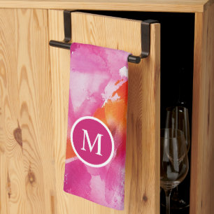 Monogram Vattenfärg Rosa Orange Abstrakt Kökshandduk