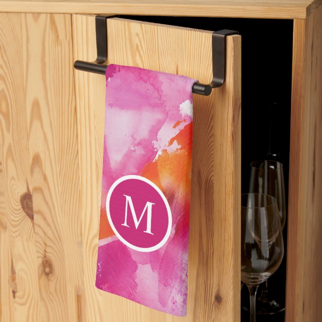 Monogram Vattenfärg Rosa Orange Abstrakt Kökshandduk (Thirds Fold)