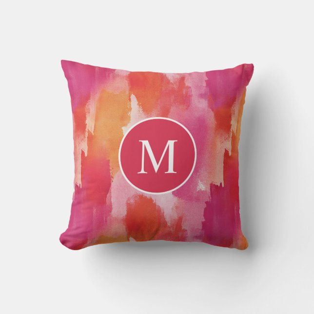 Monogram Vattenfärg Rosa Orange Abstrakt Kudde (Framsida)