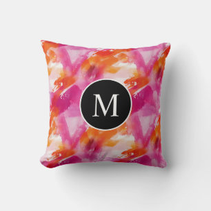 Monogram Vattenfärg Rosa Orange Abstrakt Kudde