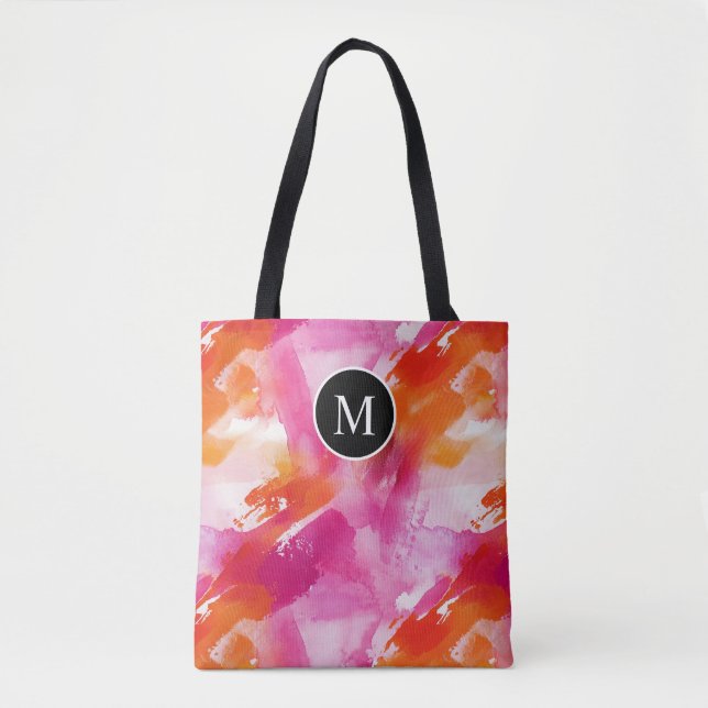 Monogram Vattenfärg Rosa Orange Abstrakt Tygkasse (Framsida)